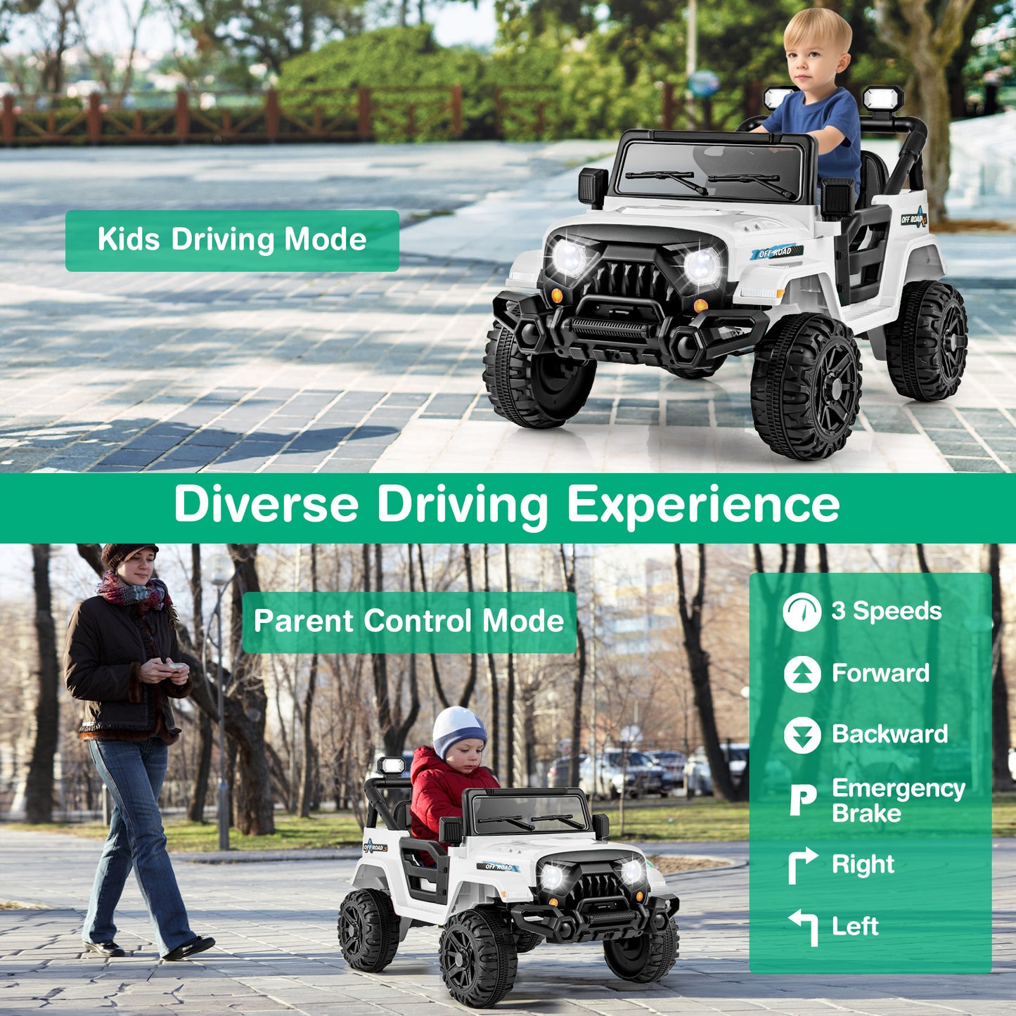 12V Kids Ride on Truck Car with Remote Control Threaded Wheels and 3 Speeds-White Kids Crystal