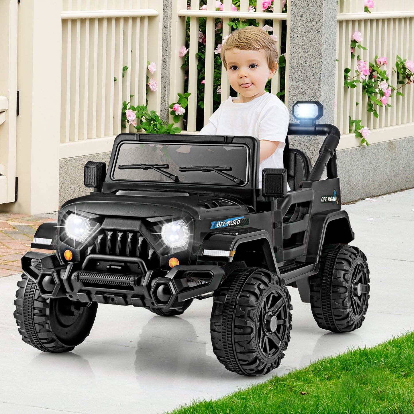 12V Kids Ride on Truck Car with Remote Control Threaded Wheels and 3 Speeds-Black Kids Crystal