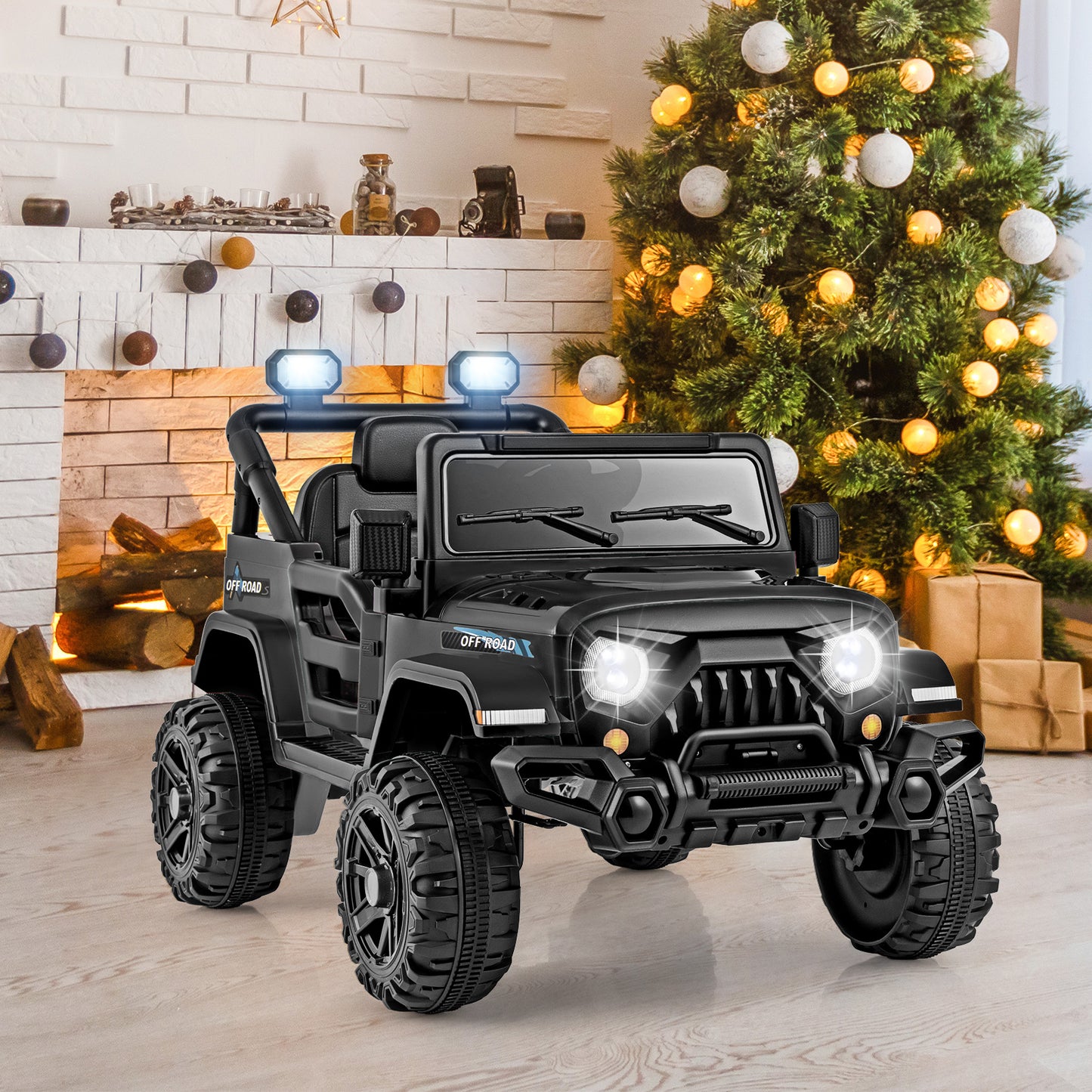 12V Kids Ride on Truck Car with Remote Control Threaded Wheels and 3 Speeds-Black Kids Crystal