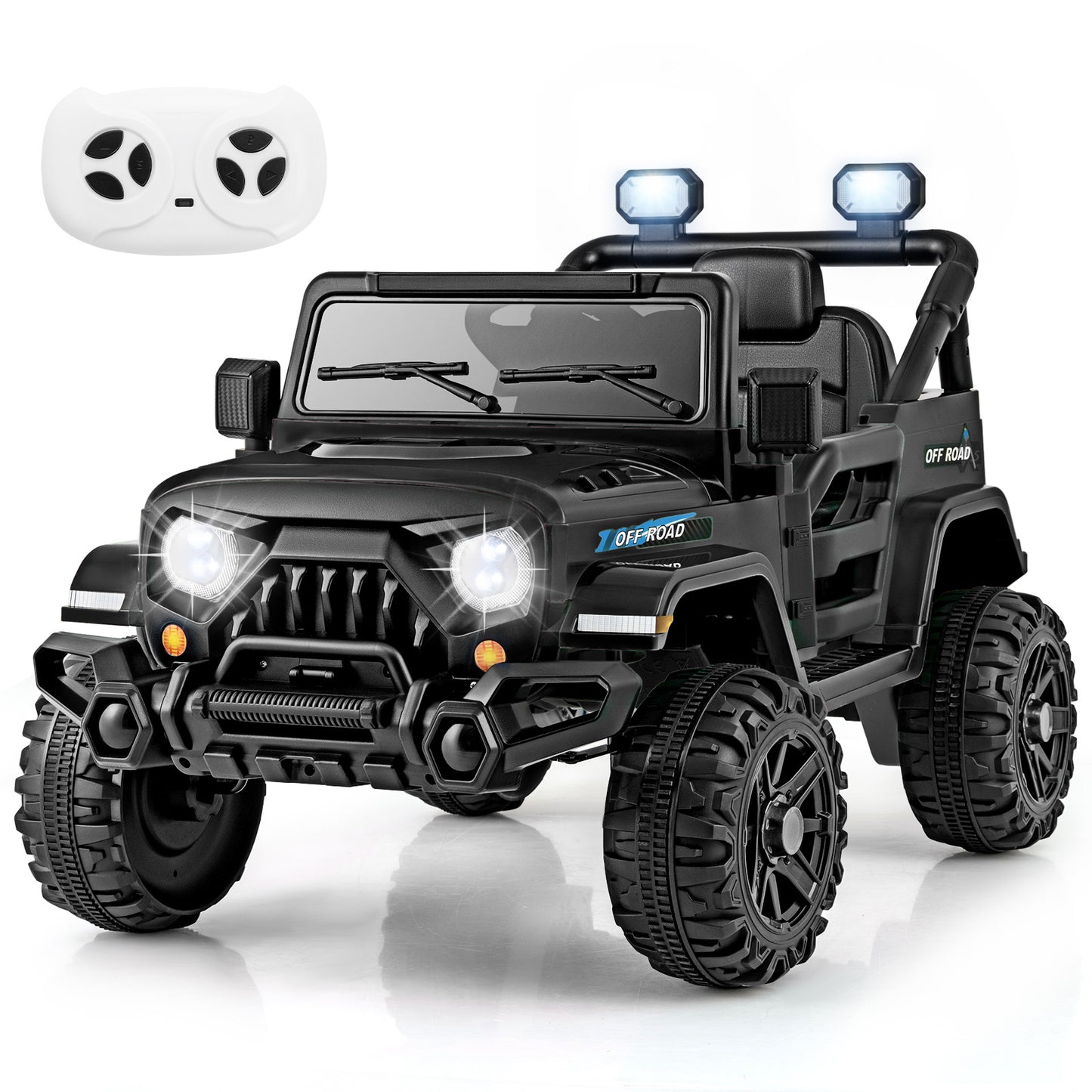 12V Kids Ride on Truck Car with Remote Control Threaded Wheels and 3 Speeds-Black Kids Crystal