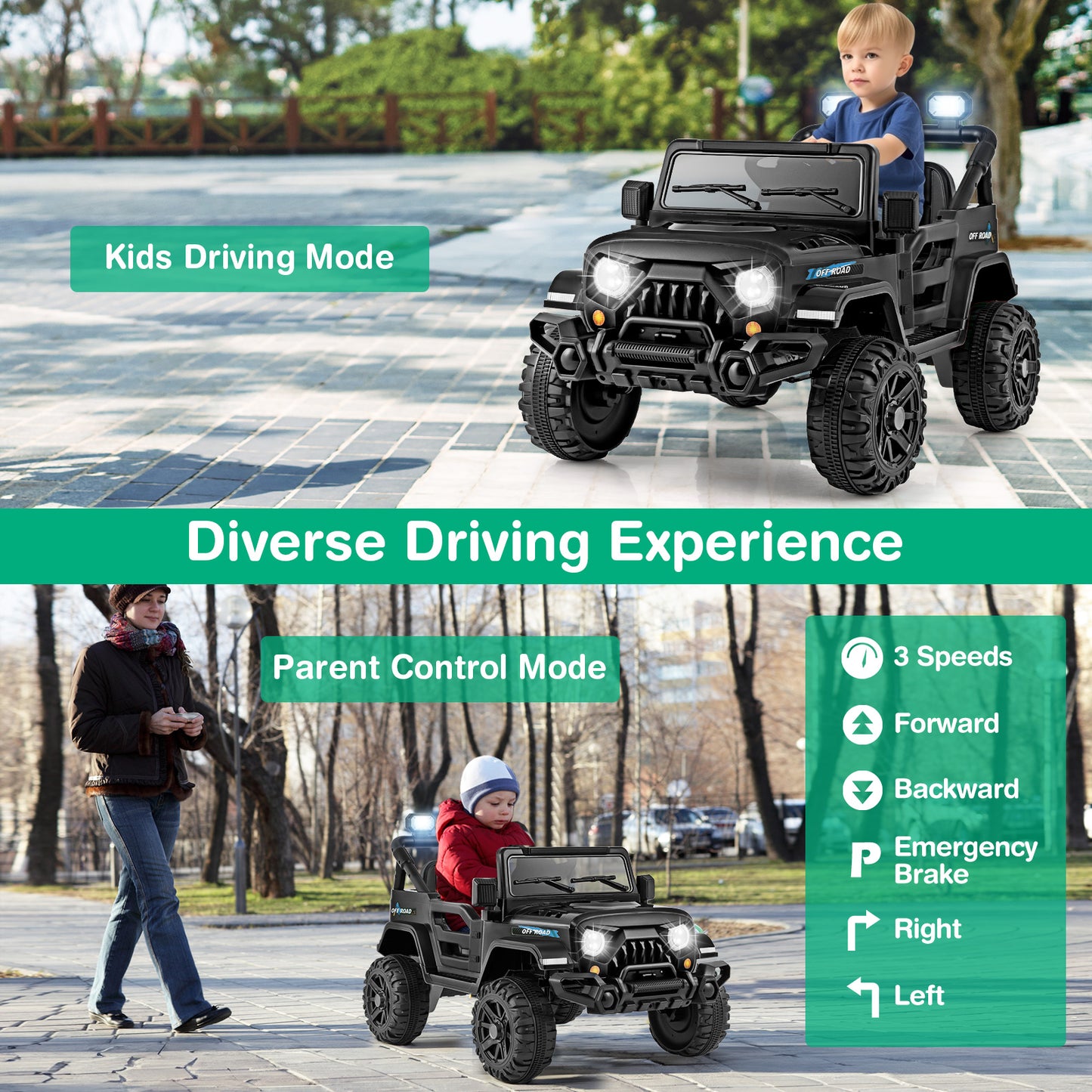 12V Kids Ride on Truck Car with Remote Control Threaded Wheels and 3 Speeds-Black Kids Crystal
