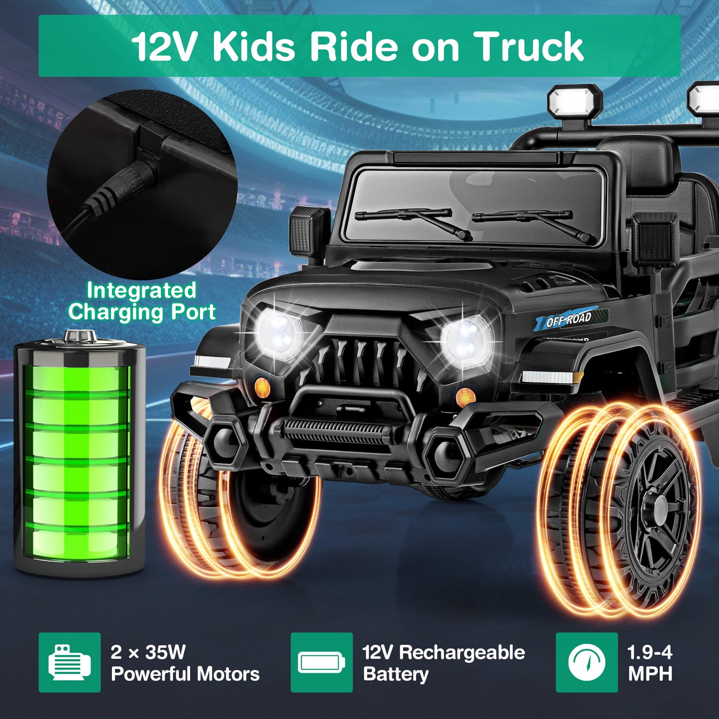 12V Kids Ride on Truck Car with Remote Control Threaded Wheels and 3 Speeds-Black Kids Crystal