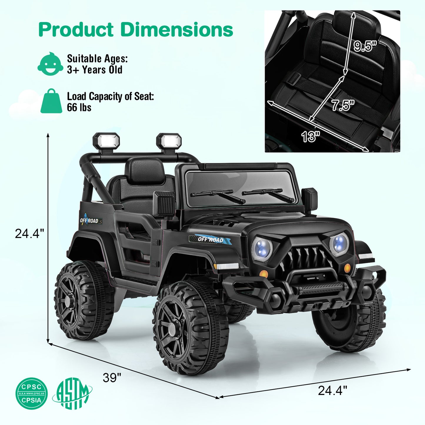 12V Kids Ride on Truck Car with Remote Control Threaded Wheels and 3 Speeds-Black Kids Crystal
