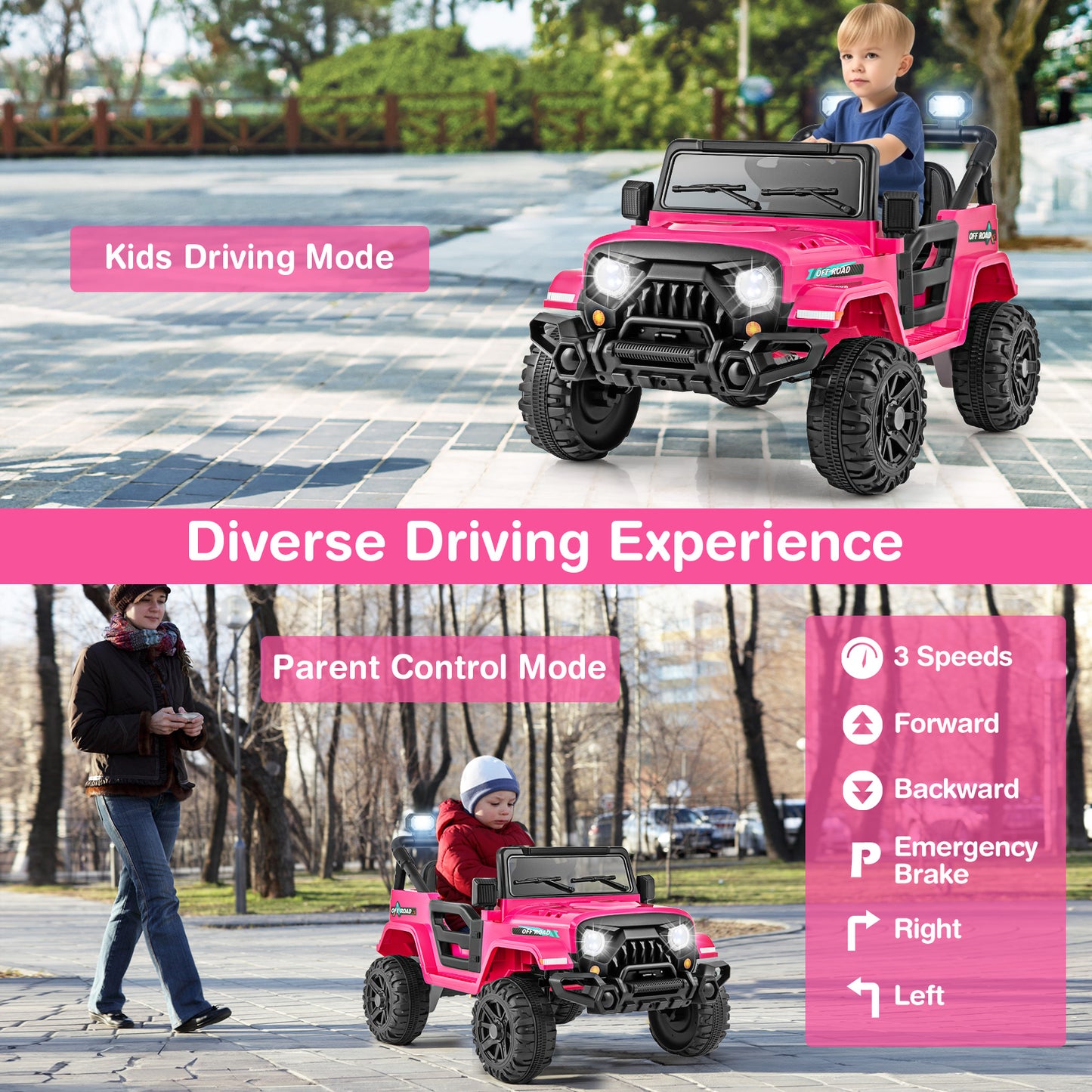 12V Kids Ride on Truck Car with Remote Control Threaded Wheels and 3 Speeds-Pink Kids Crystal