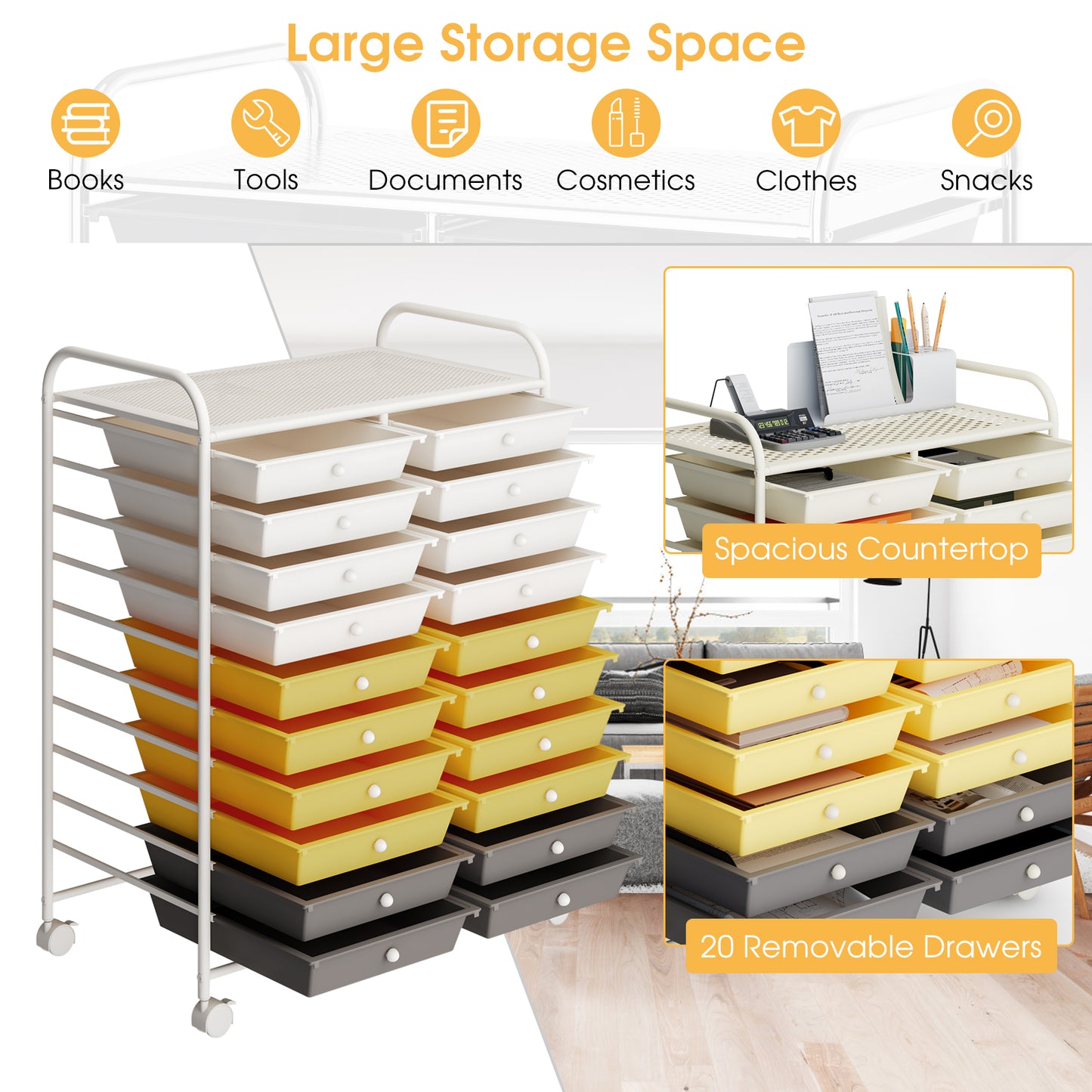 20 Drawers Storage Rolling Cart Studio Organizer-Yellow Kids Crystal
