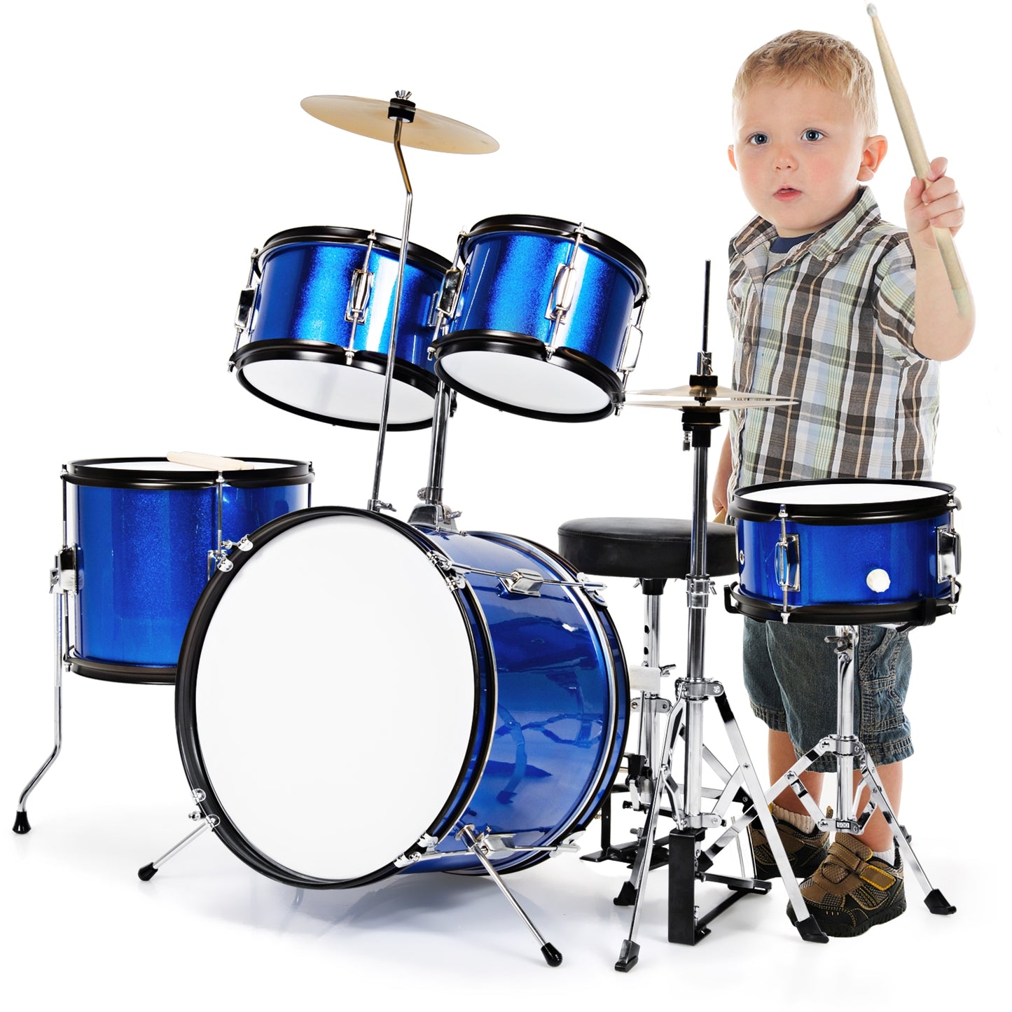 16 Inch 5 Pieces Complete Kids Junior Drum Set Children Beginner Kit-Blue Kids Crystal