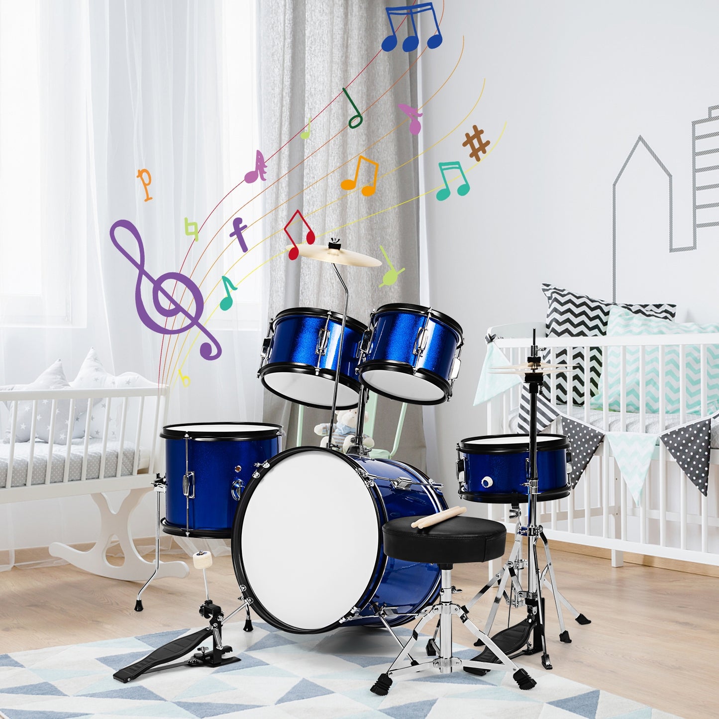 16 Inch 5 Pieces Complete Kids Junior Drum Set Children Beginner Kit-Blue Kids Crystal