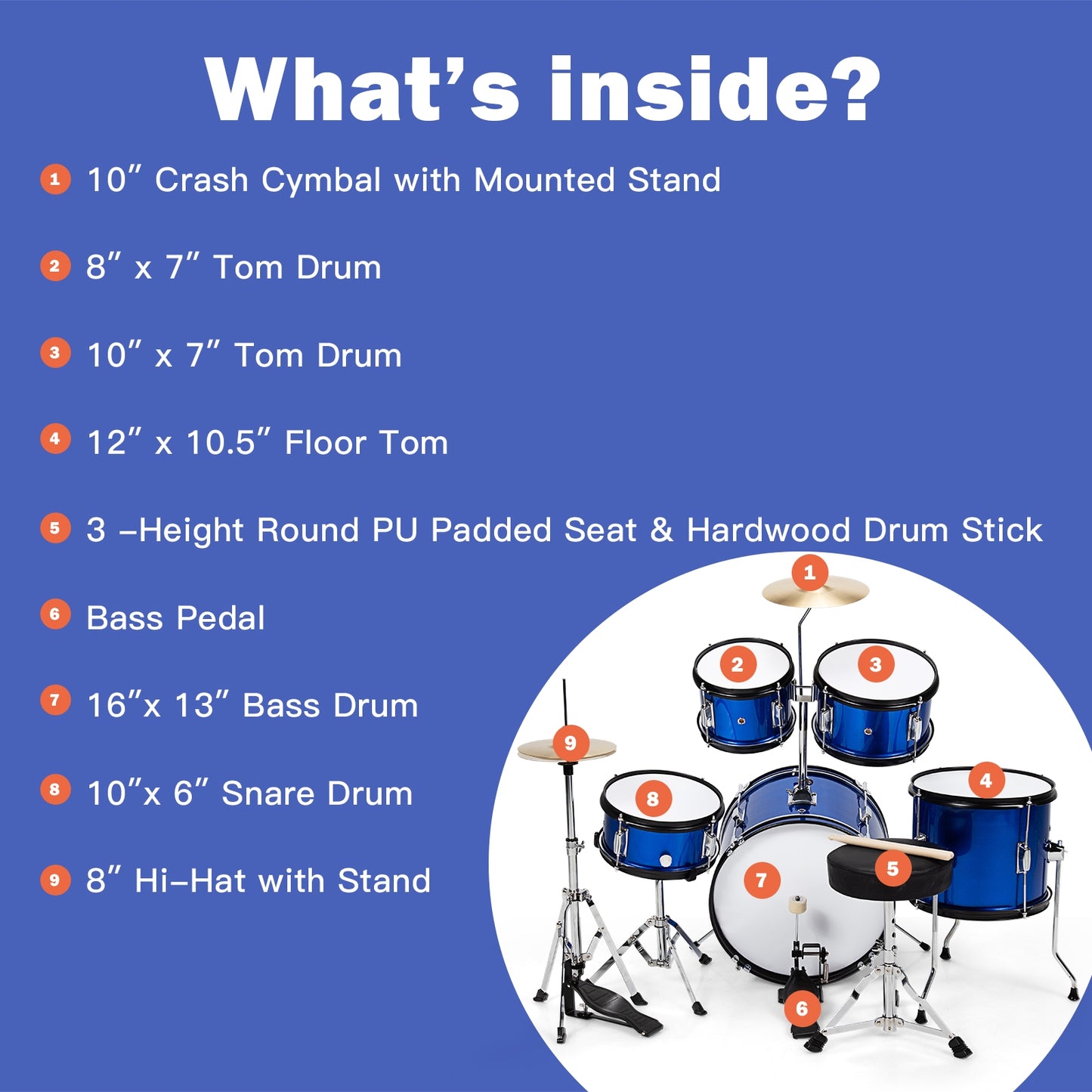 16 Inch 5 Pieces Complete Kids Junior Drum Set Children Beginner Kit-Blue Kids Crystal
