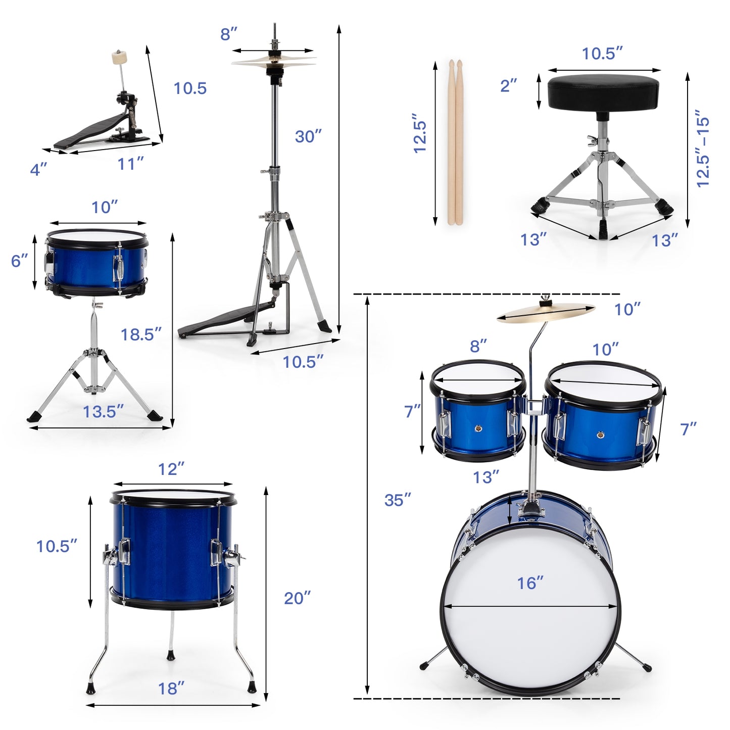 16 Inch 5 Pieces Complete Kids Junior Drum Set Children Beginner Kit-Blue Kids Crystal