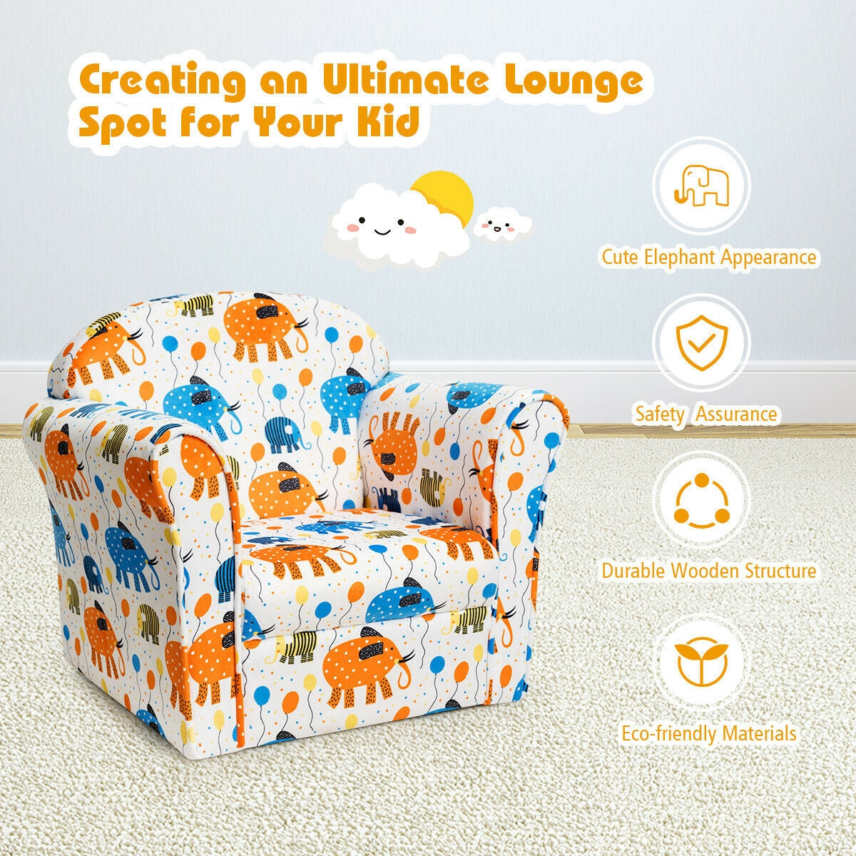 Kids Elephant Upholstered Sofa with Armrest Kids Crystal