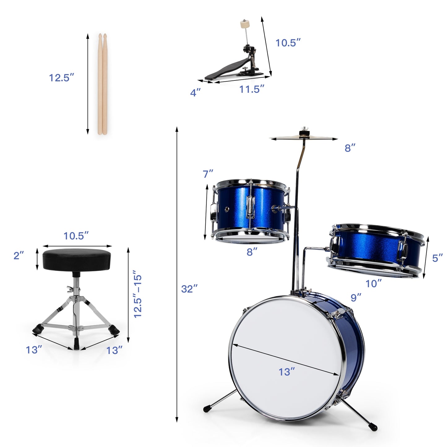 5 Pieces Junior Drum Set with 5 Drums-Blue Kids Crystal