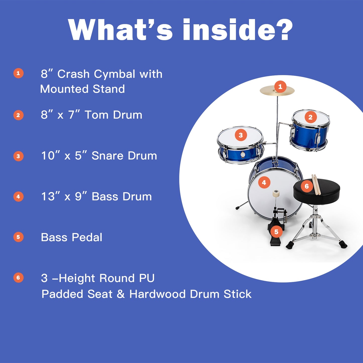 5 Pieces Junior Drum Set with 5 Drums-Blue Kids Crystal