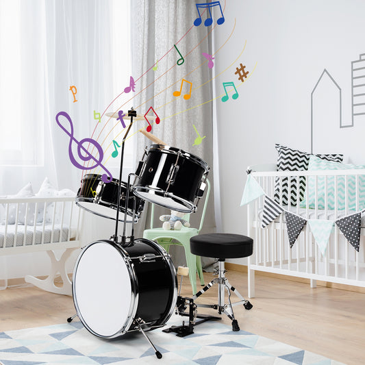5 Pieces Junior Drum Set with 5 Drums-Black Kids Crystal