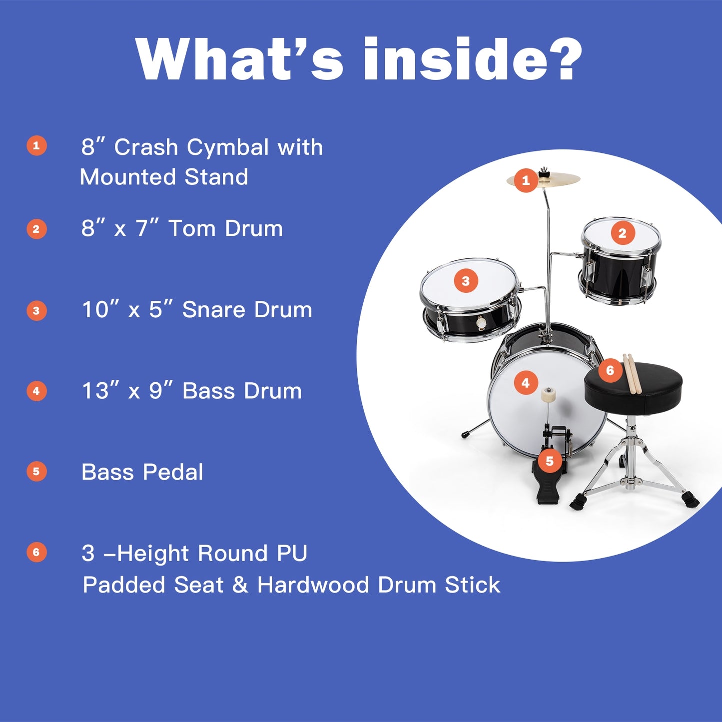 5 Pieces Junior Drum Set with 5 Drums-Black Kids Crystal