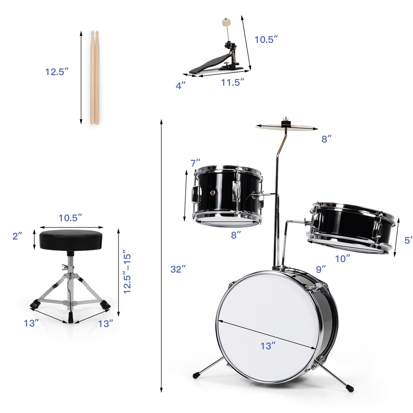 5 Pieces Junior Drum Set with 5 Drums-Black Kids Crystal