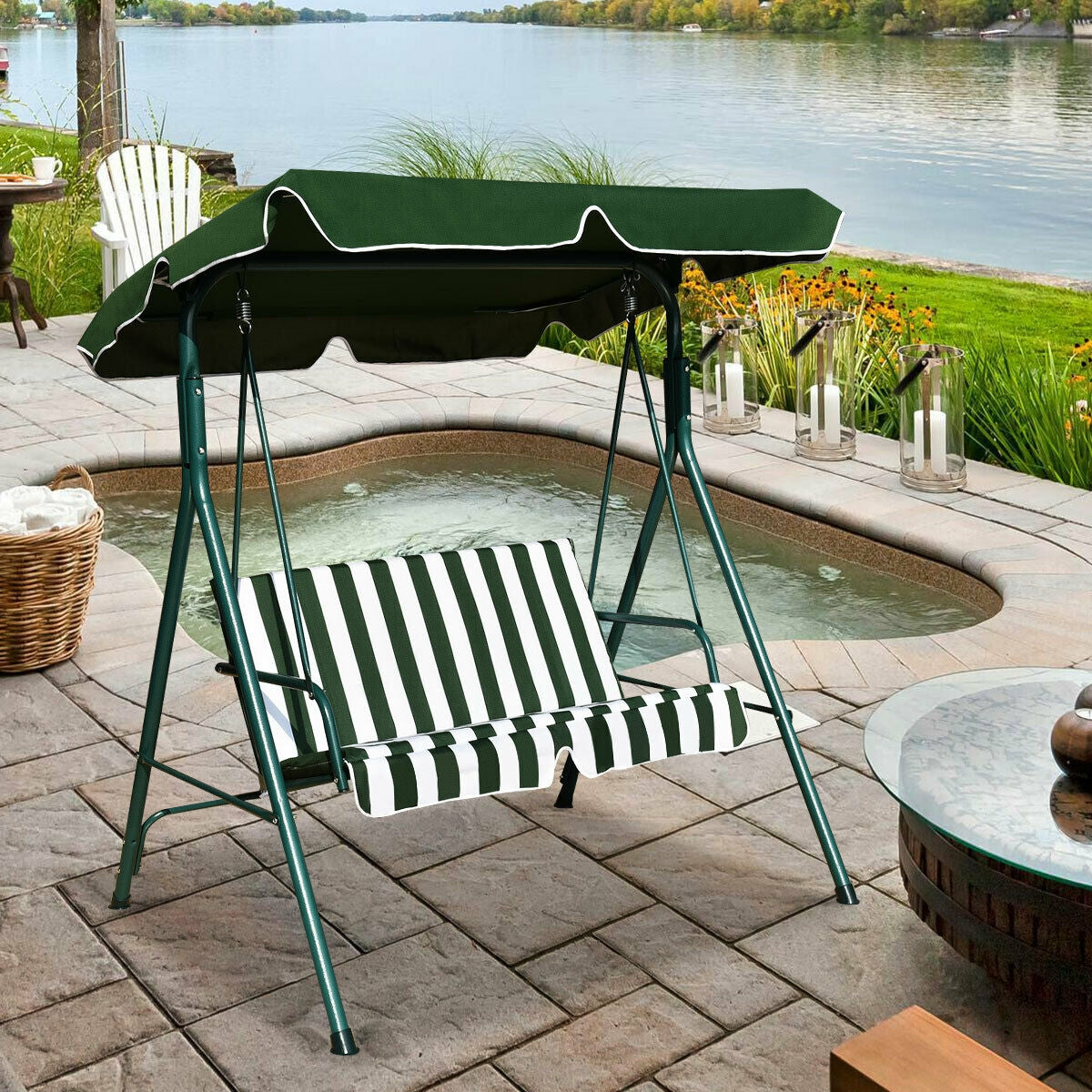 Loveseat Cushioned Patio Steel Frame Swing Glider -Green Kids Crystal