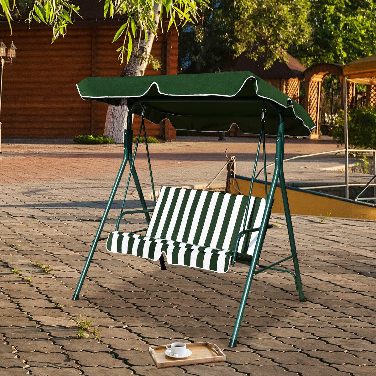 Loveseat Cushioned Patio Steel Frame Swing Glider -Green Kids Crystal