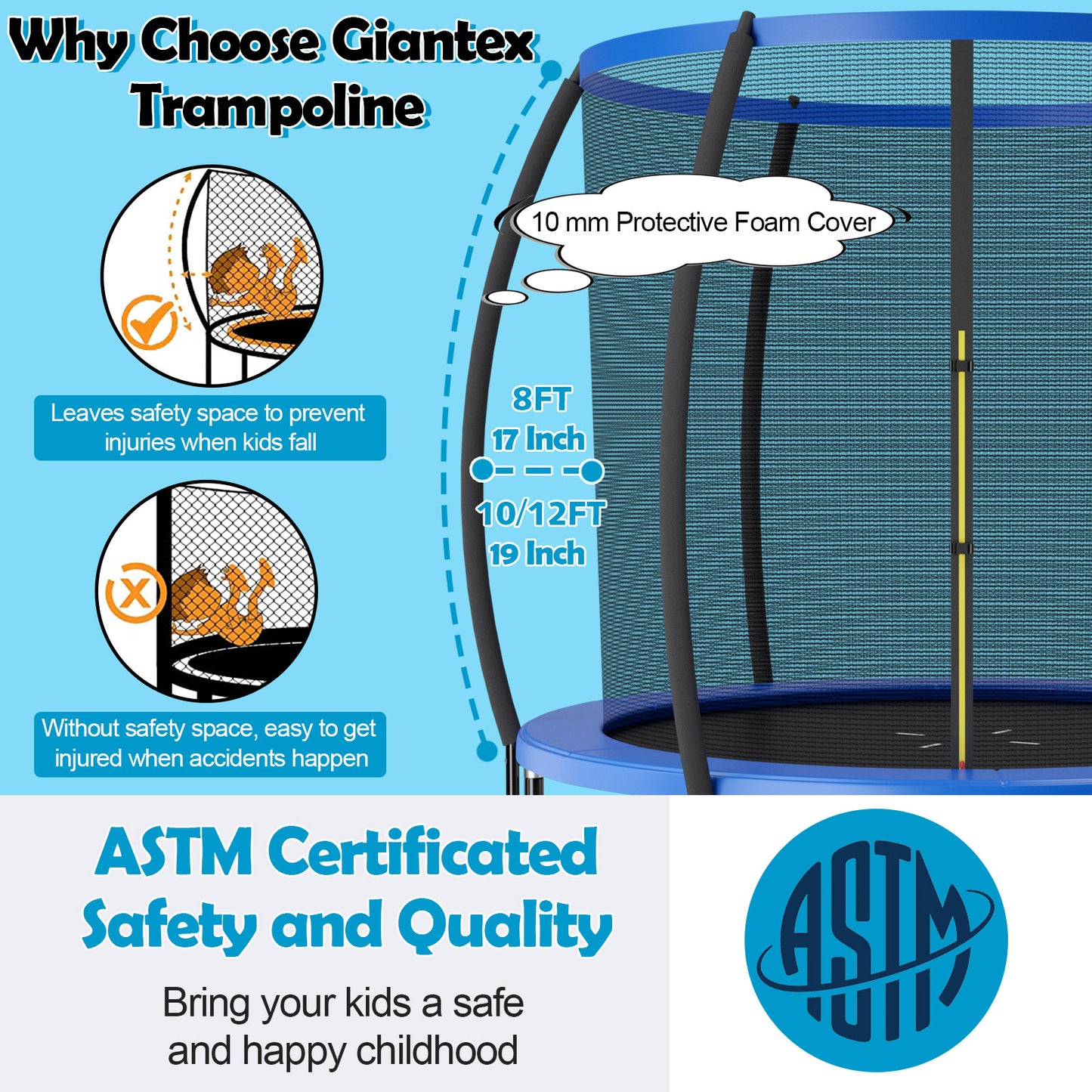 10 Feet ASTM Approved Recreational Trampoline with Ladder-Blue Kids Crystal