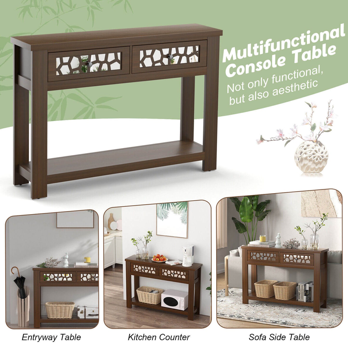 2-Tier Console Table with Drawers and Open Storage Shelf-Brown Kids Crystal