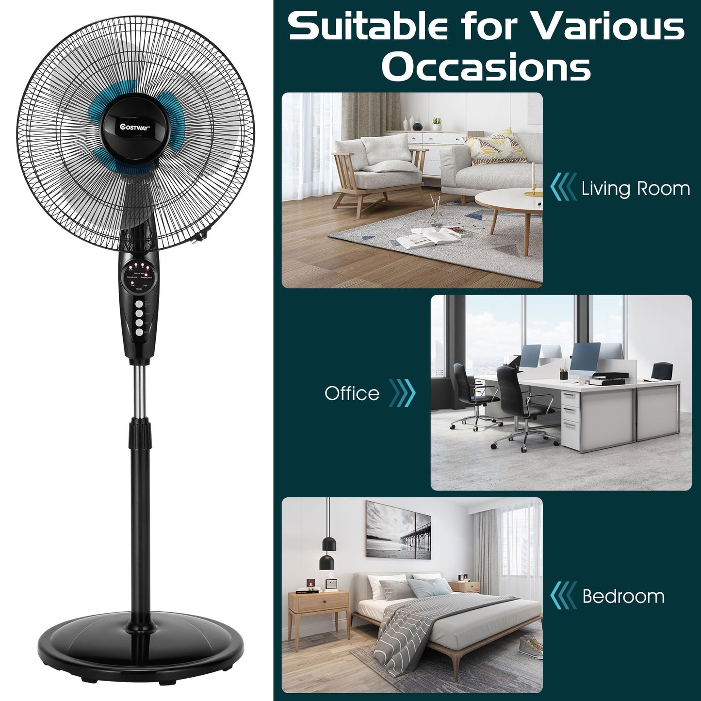 18 Inch Adjustable Height Fan with Quiet Oscillating Stand for Home and Office Kids Crystal