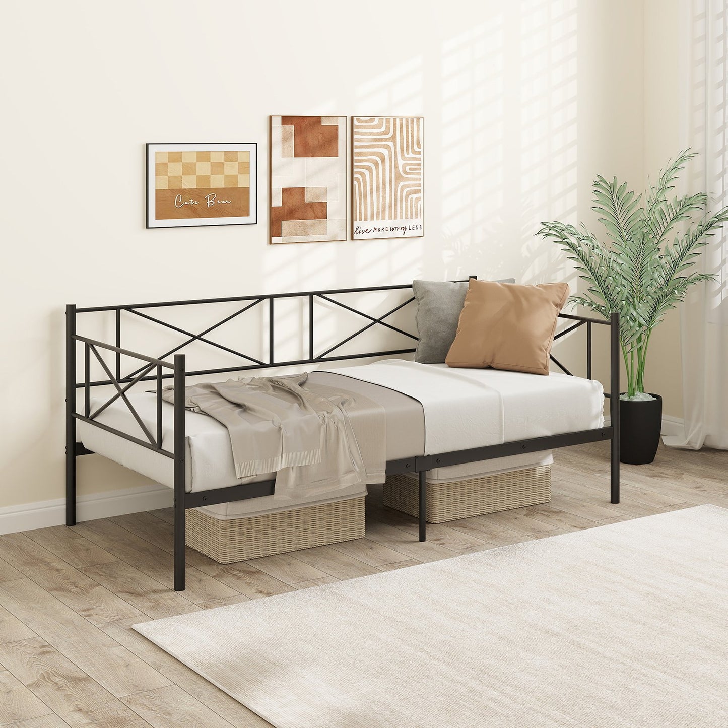 Twin Size Platform Bed with Heavy-duty Metal Slat Support-White Kids Crystal