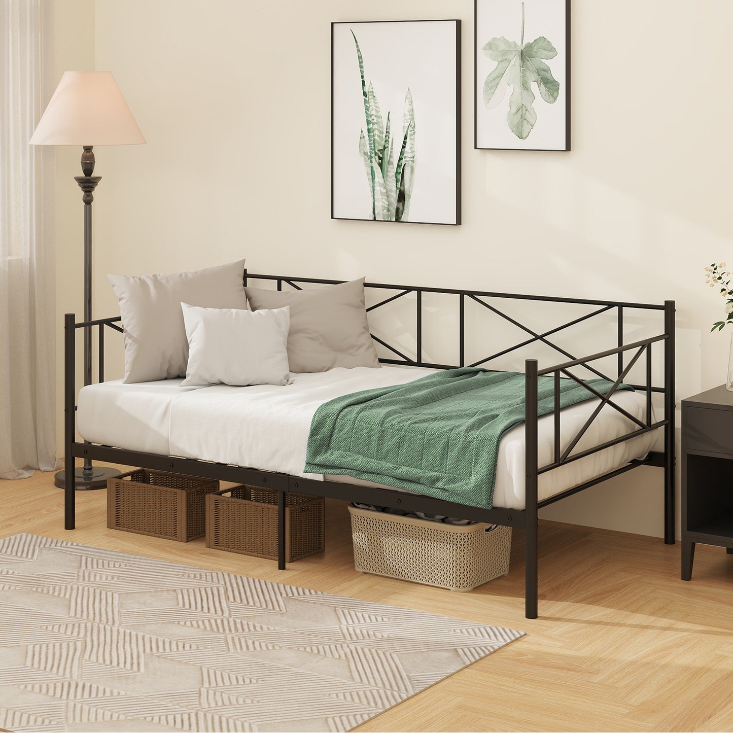 Twin Size Platform Bed with Heavy-duty Metal Slat Support-White Kids Crystal