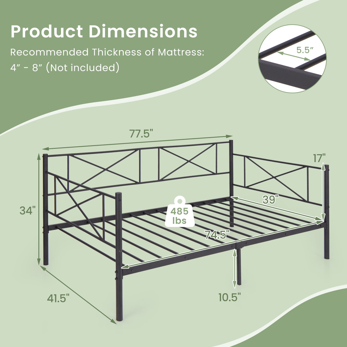 Twin Size Platform Bed with Heavy-duty Metal Slat Support-White Kids Crystal