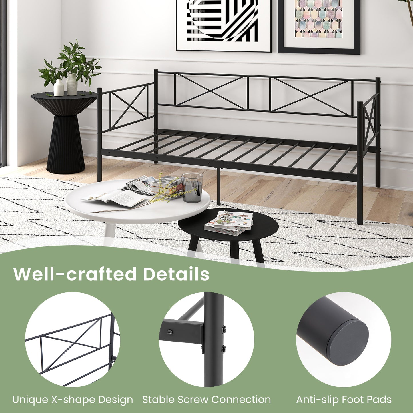 Twin Size Platform Bed with Heavy-duty Metal Slat Support-White Kids Crystal