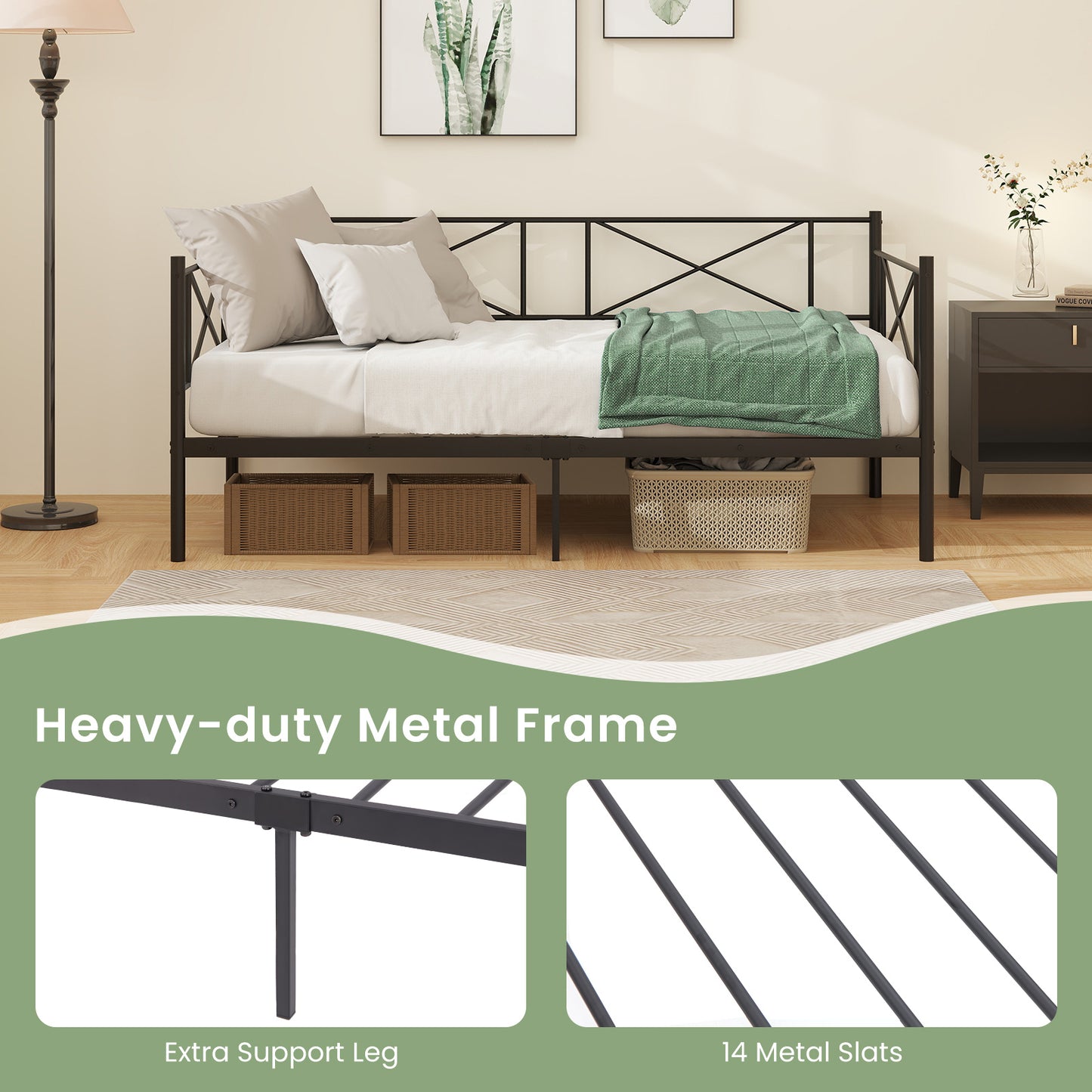Twin Size Platform Bed with Heavy-duty Metal Slat Support-White Kids Crystal