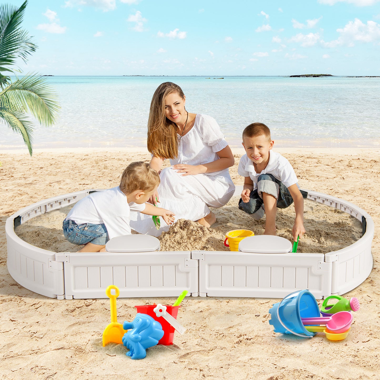 6 Feet Kids Oval Sandbox with Built-in Corner Seat and Bottom Liner-White Kids Crystal