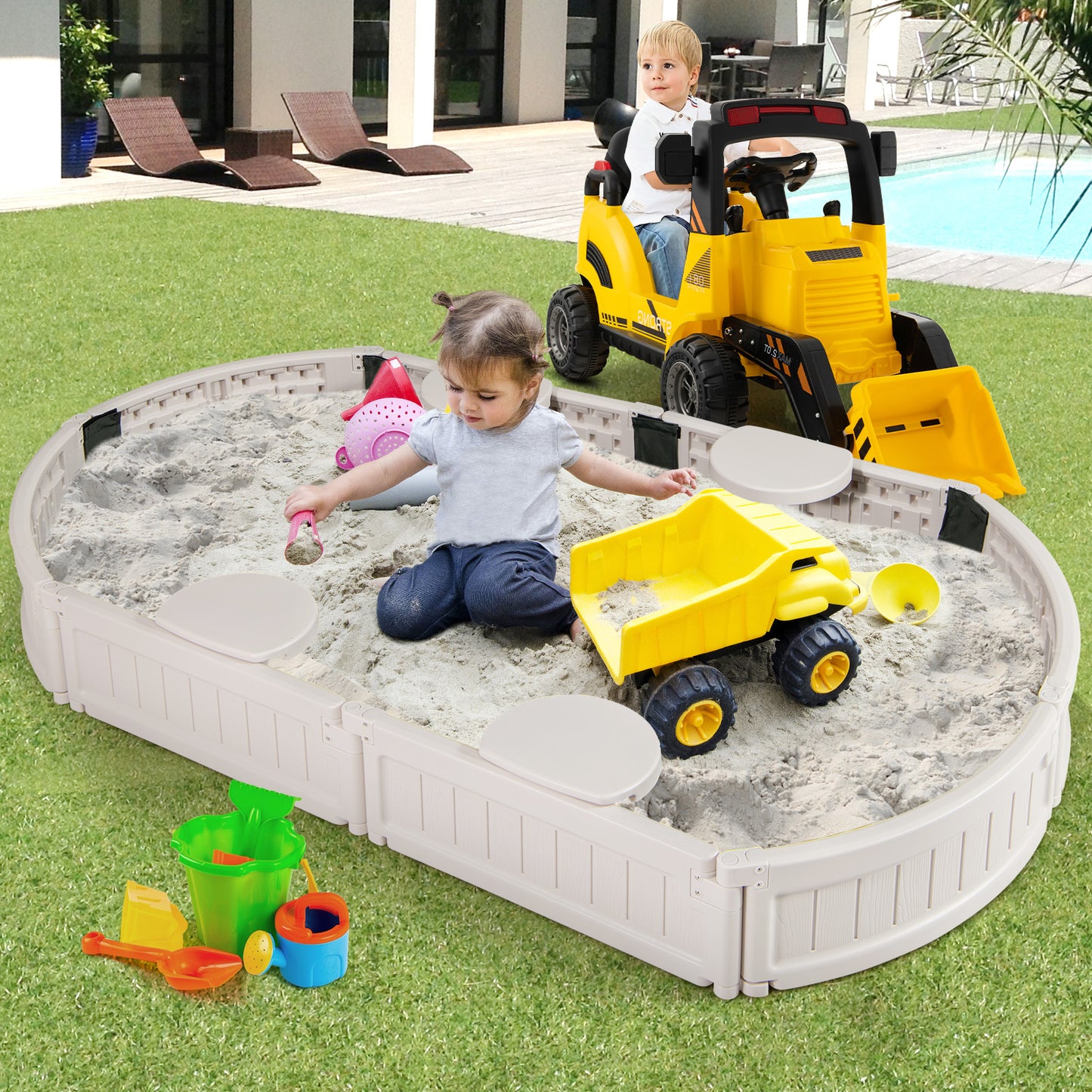 6 Feet Kids Oval Sandbox with Built-in Corner Seat and Bottom Liner-White Kids Crystal