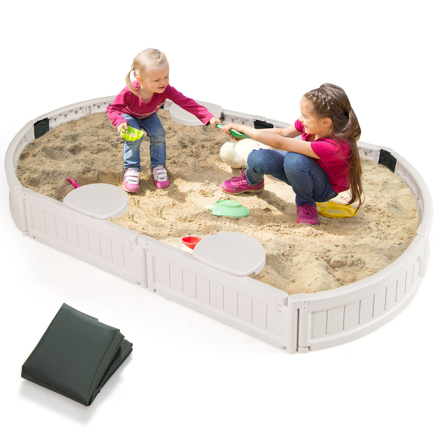 6 Feet Kids Oval Sandbox with Built-in Corner Seat and Bottom Liner-White Kids Crystal