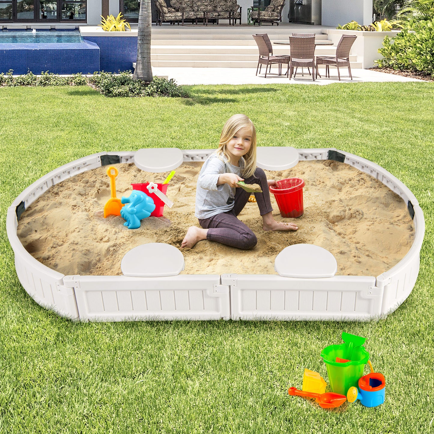 6 Feet Kids Oval Sandbox with Built-in Corner Seat and Bottom Liner-White Kids Crystal