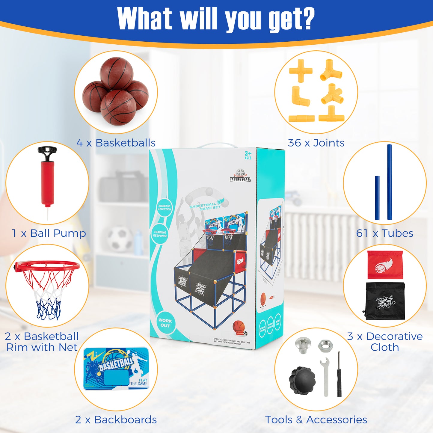 Kids Arcade Basketball Game Set with 4 Basketballs and Ball Pump Kids Crystal