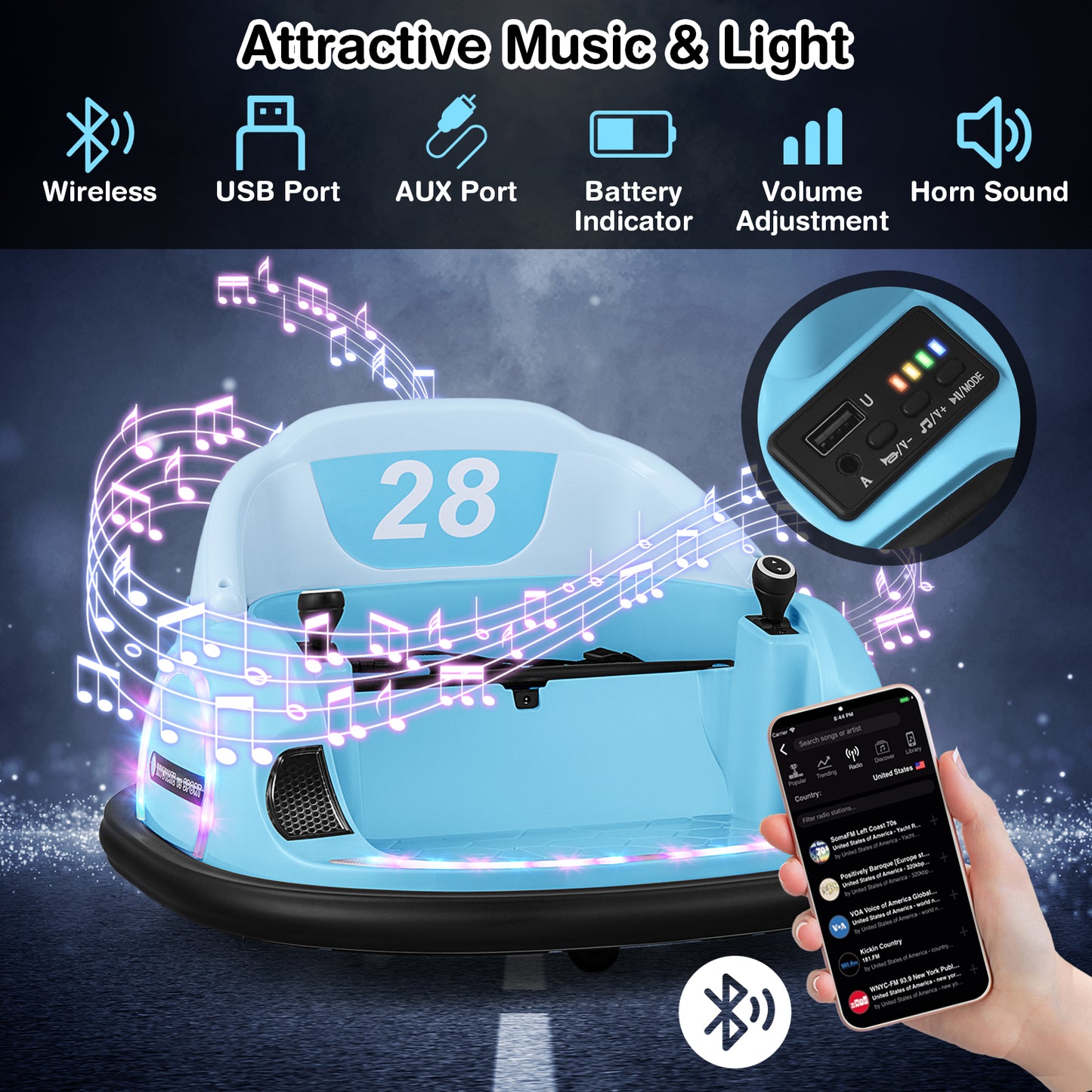 12V 360° Ride on Bumper Car for Toddlers with Remote Control-Light Blue Kids Crystal