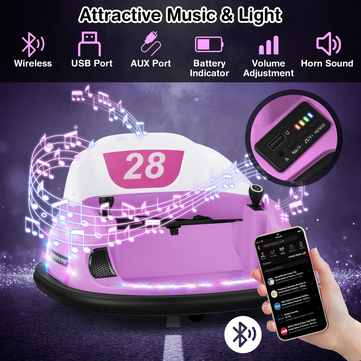 12V 360° Ride on Bumper Car for Toddlers with Remote Control-Pink Kids Crystal