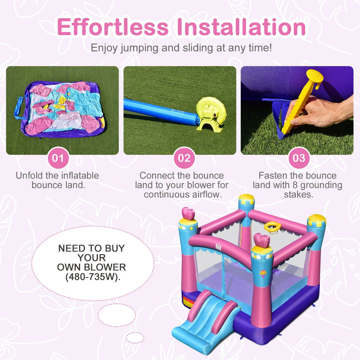 3-in-1 Princess Theme Inflatable Castle without Blower Kids Crystal