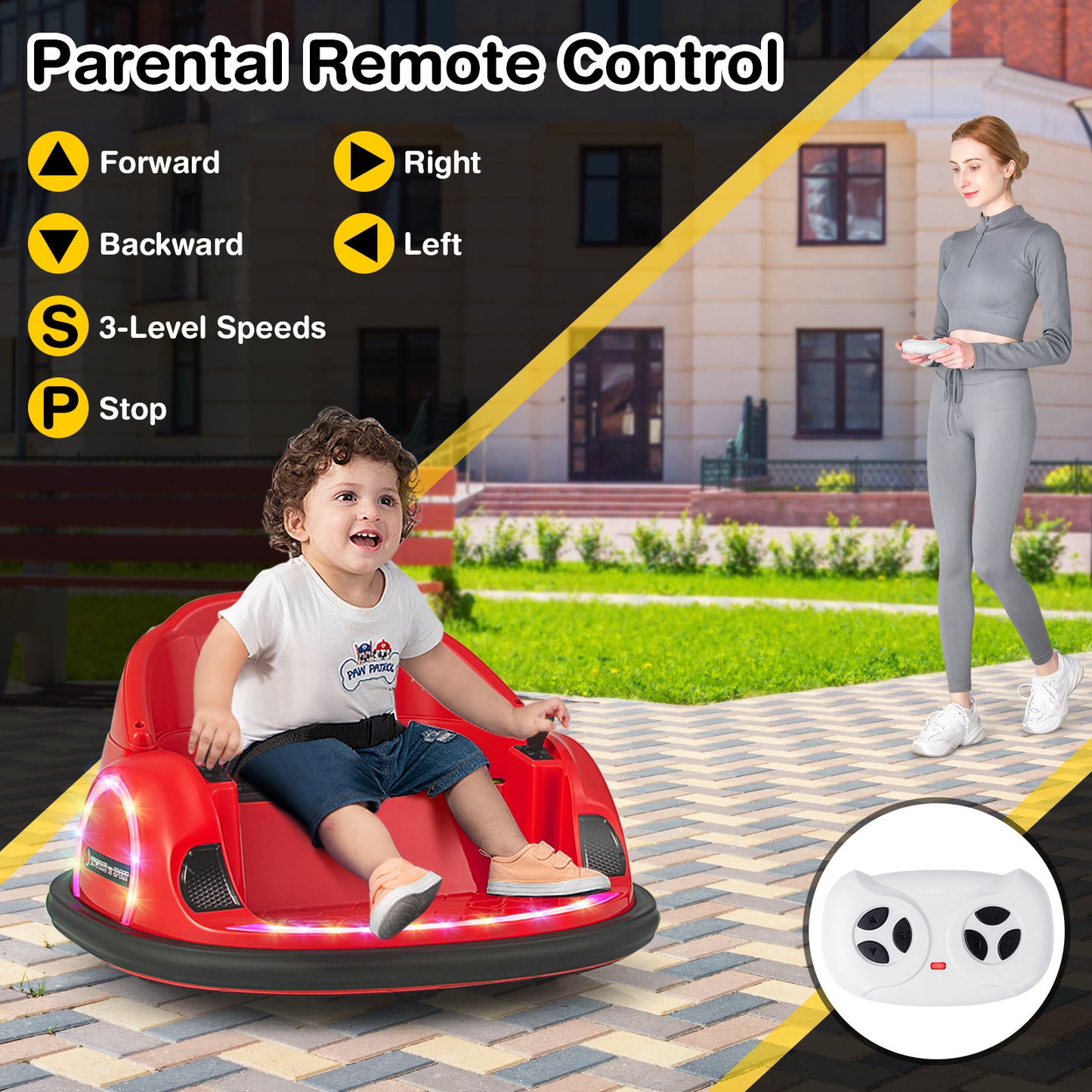 12V 360° Ride on Bumper Car for Toddlers with Remote Control-Red Kids Crystal