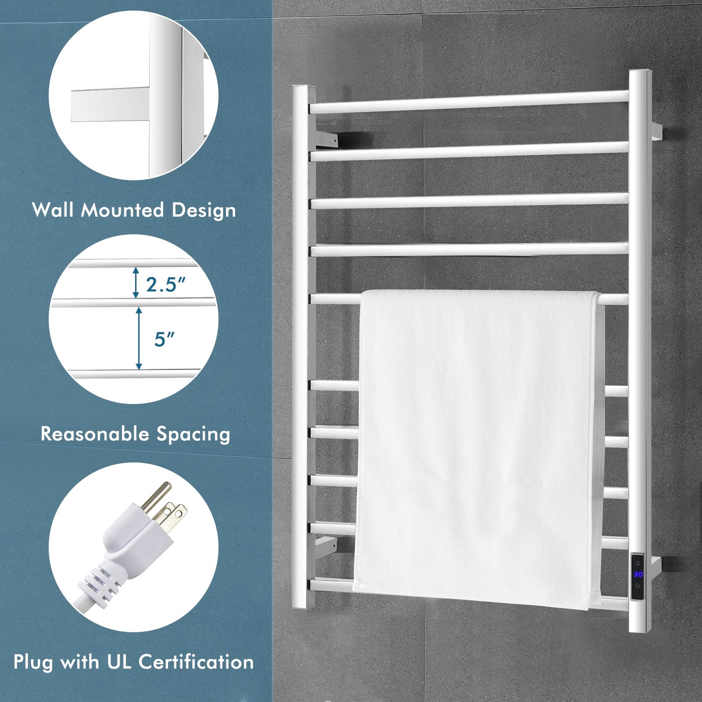 10 Bar Towel Warmer Wall Mounted Electric Heated Towel Rack with Built-in Timer-Silver Kids Crystal