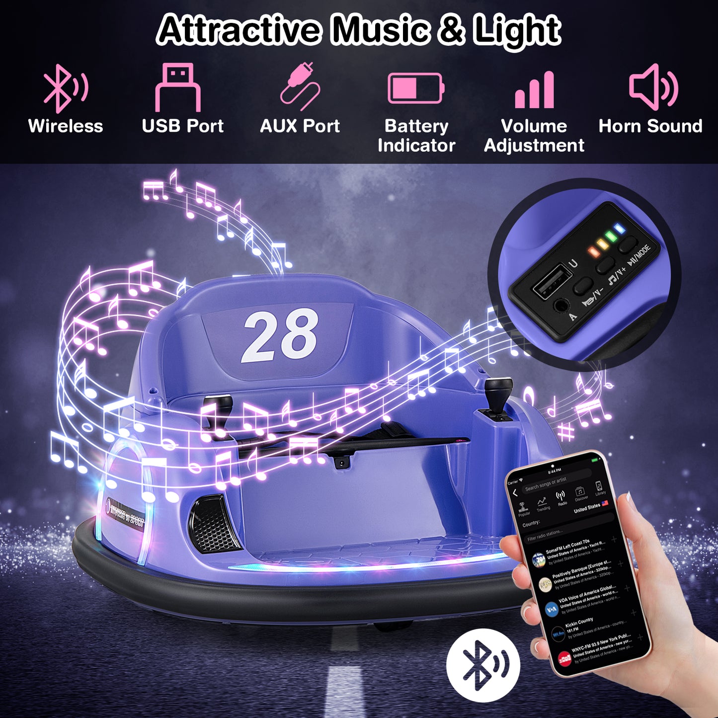12V 360° Ride on Bumper Car for Toddlers with Remote Control-Purple Kids Crystal