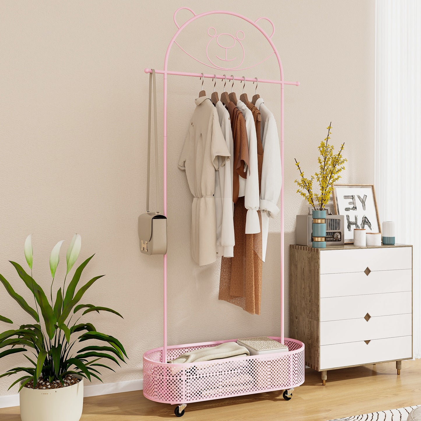 Kid Clothes Rack with 3 Adjustable Heights and Wheels-Pink Kids Crystal