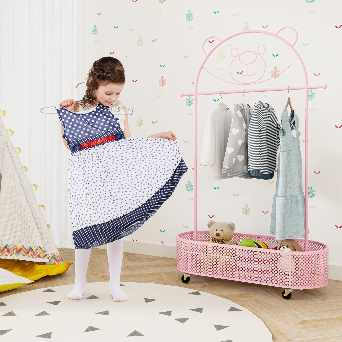Kid Clothes Rack with 3 Adjustable Heights and Wheels-Pink Kids Crystal