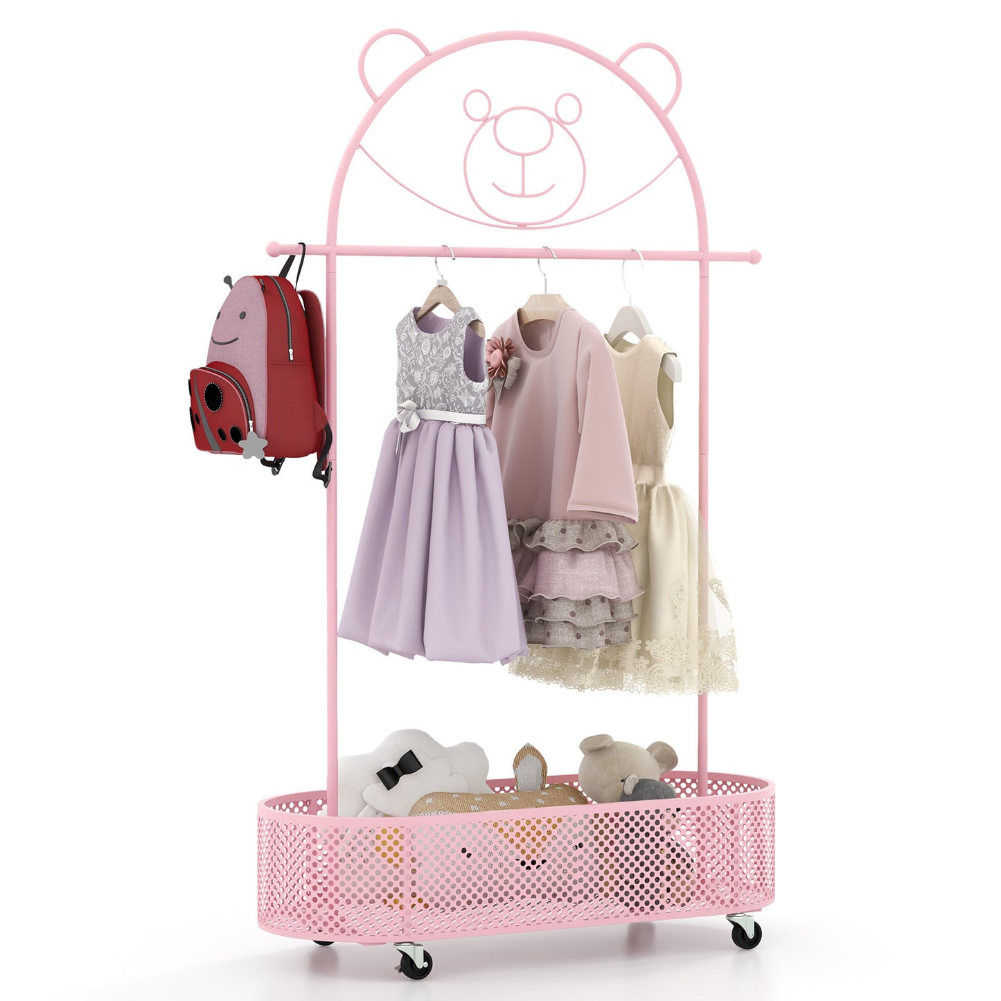 Kid Clothes Rack with 3 Adjustable Heights and Wheels-Pink Kids Crystal