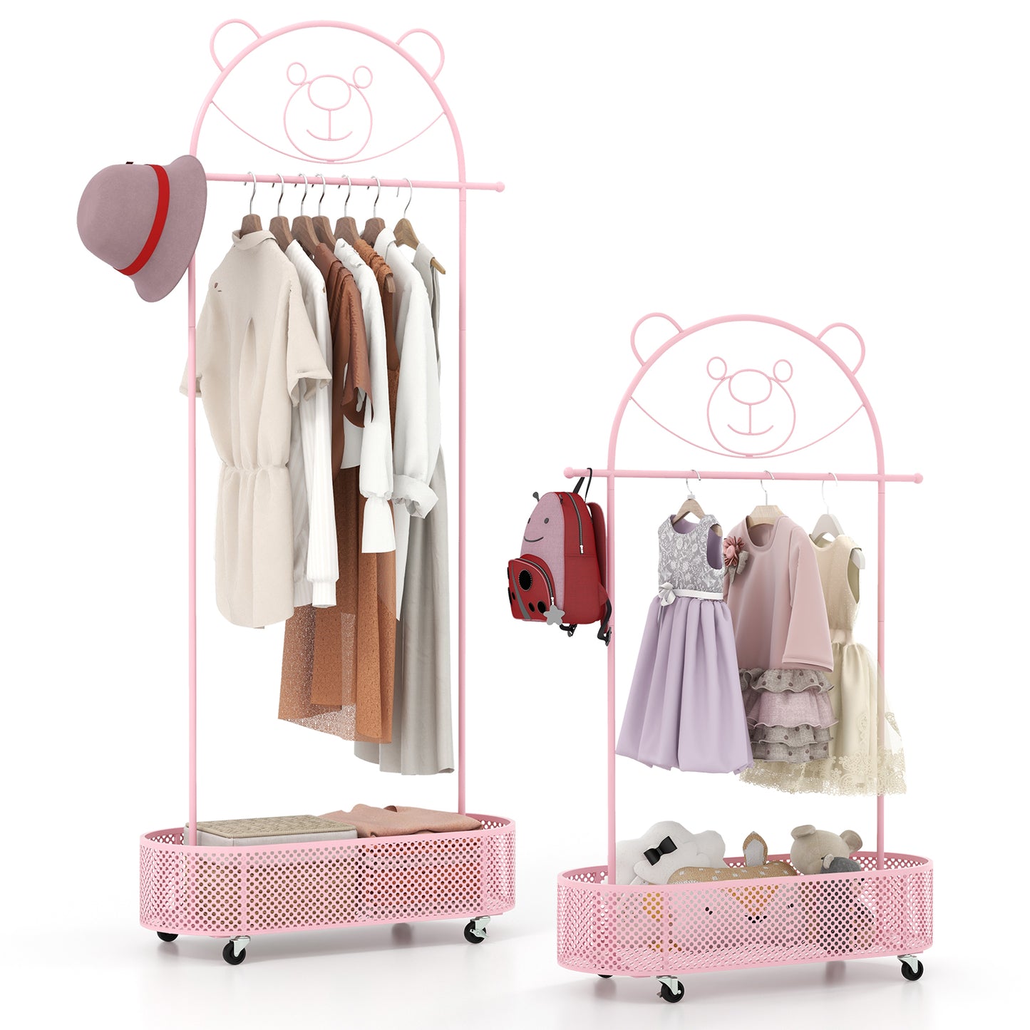 Kid Clothes Rack with 3 Adjustable Heights and Wheels-Pink Kids Crystal