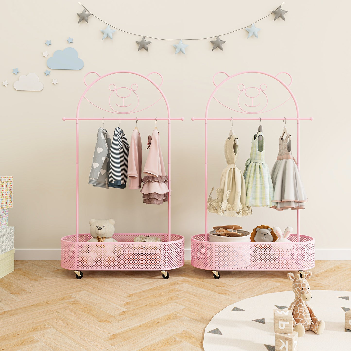 Kid Clothes Rack with 3 Adjustable Heights and Wheels-Pink Kids Crystal