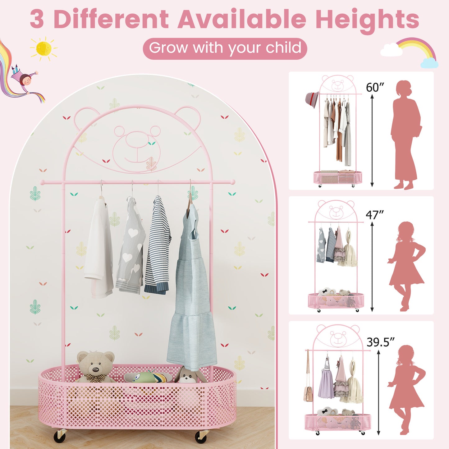 Kid Clothes Rack with 3 Adjustable Heights and Wheels-Pink Kids Crystal