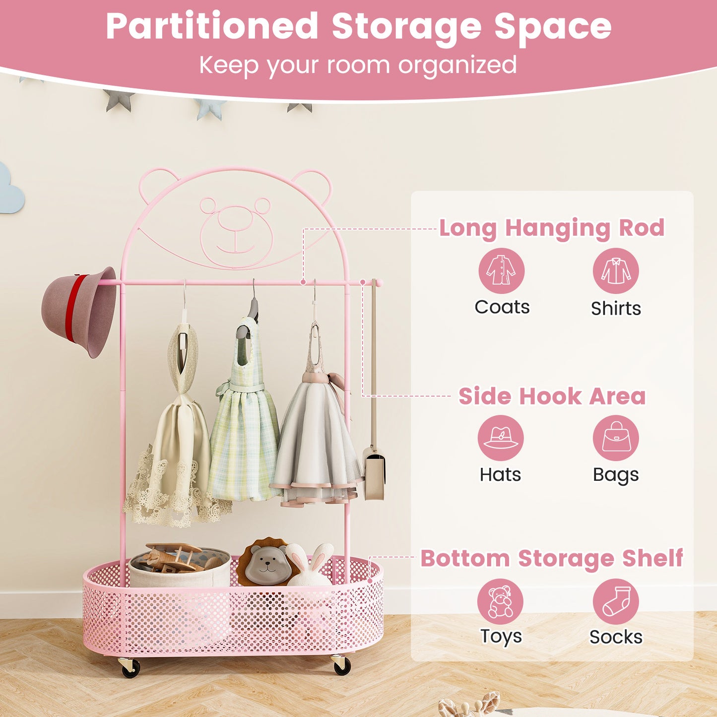 Kid Clothes Rack with 3 Adjustable Heights and Wheels-Pink Kids Crystal