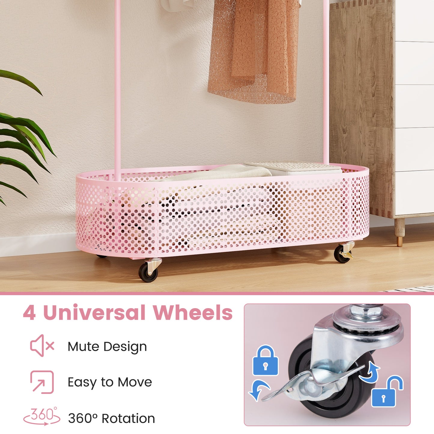 Kid Clothes Rack with 3 Adjustable Heights and Wheels-Pink Kids Crystal
