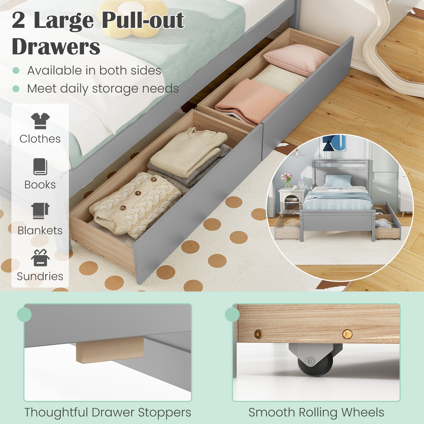 Twin Size Wooden Bed Frame with 2 Drawers for Teens and Adults-Gray Kids Crystal