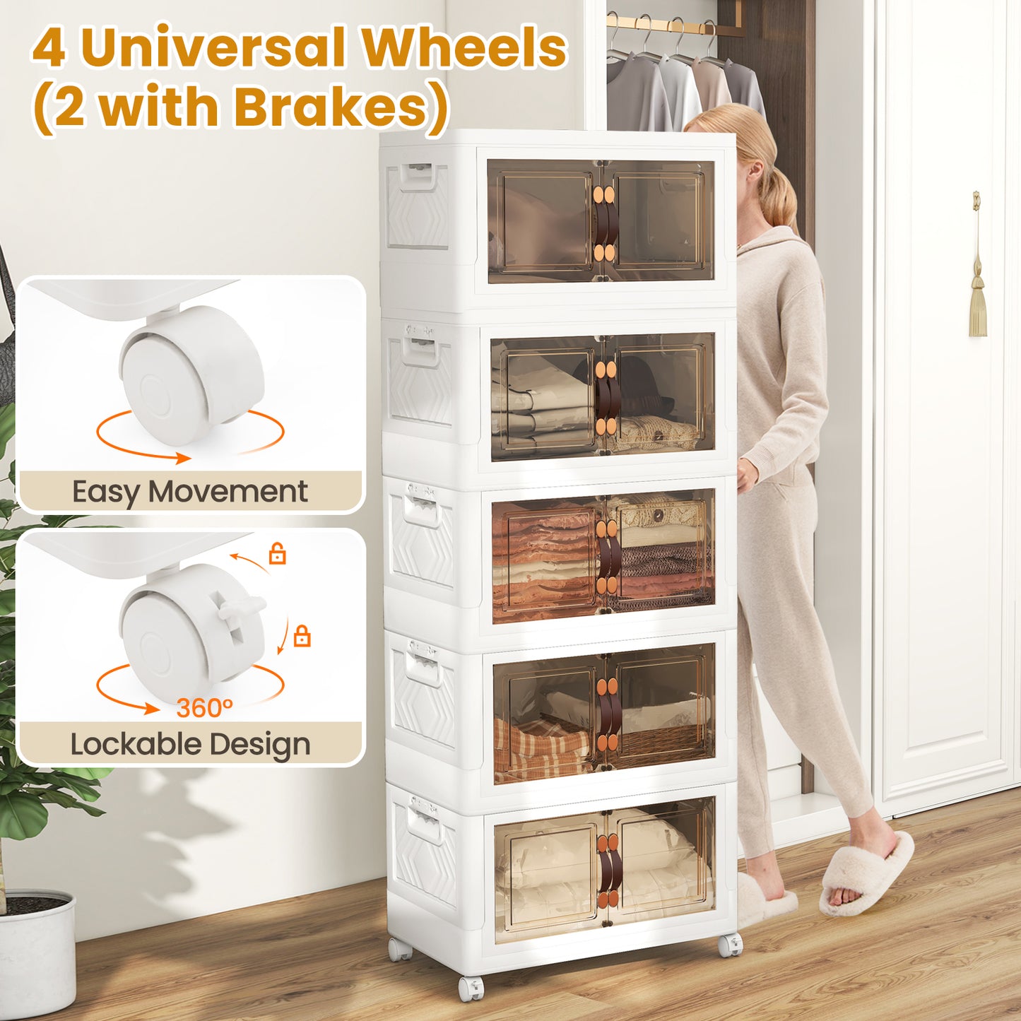 Stackable Storage Bins with Lockable Wheels-5 Pack Kids Crystal